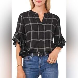 Vince Camuto 3/4 Button Down Black and White Plaid Blouse for Women size small